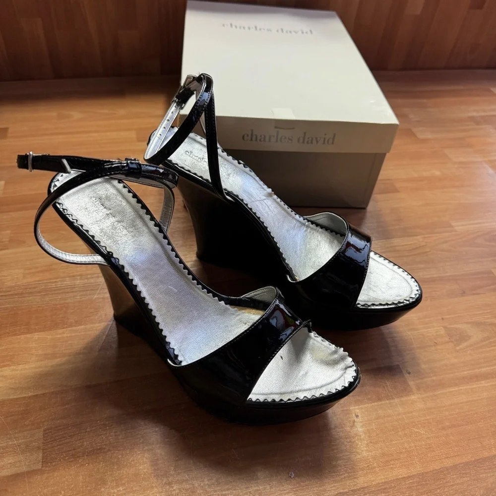 Charles David truce black patent wedge open toe shoes ankle strap size 9 - Picture 1 of 12